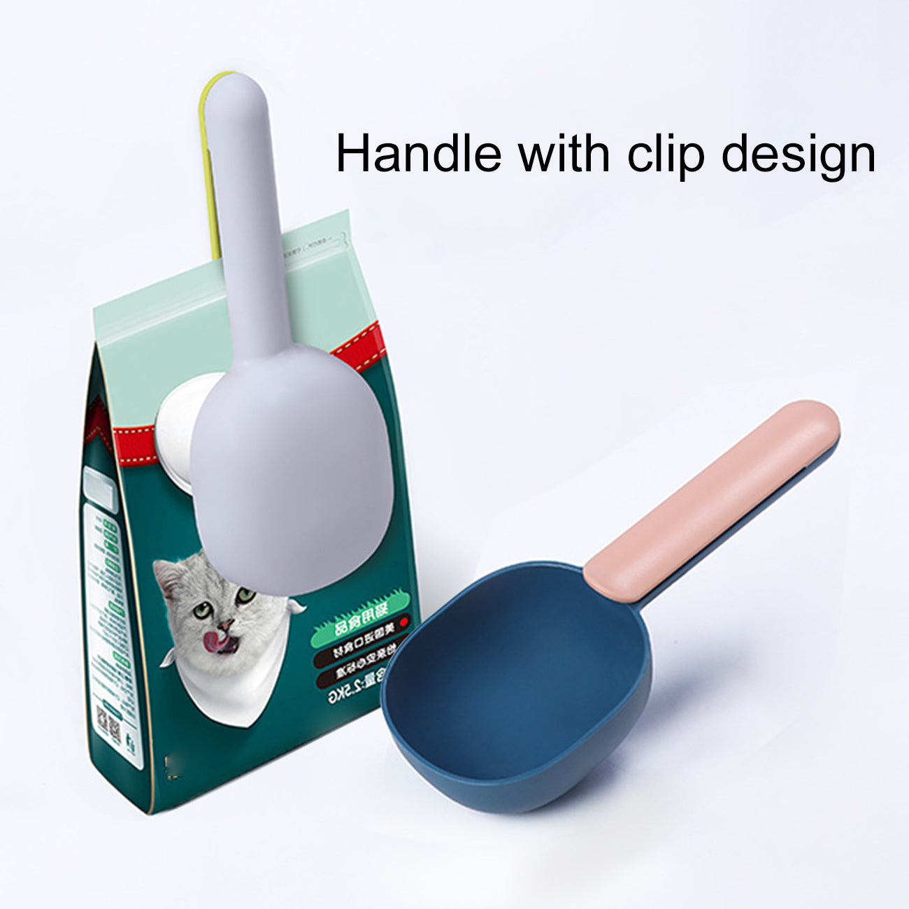 Ergonomic Pet Food Scoop with Clip Handle - Perfect for Cats, Puppies & Small Dogs - 1 Cup Measuring Spoon with Long Handle for Easy Feeding