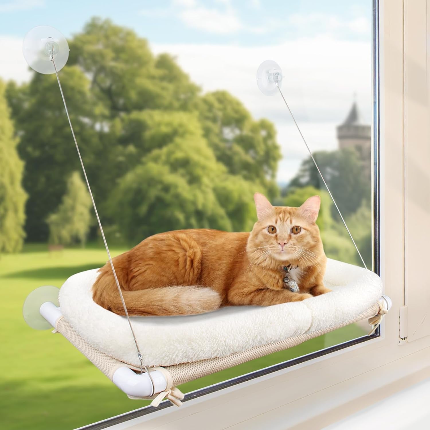 Cat Window Hammock – Mess-Free Waterproof Cats Window Perch for Large Cats, Strong Suction Cup Hammock with Flannel Cover, Indoor Cat Seat, Black