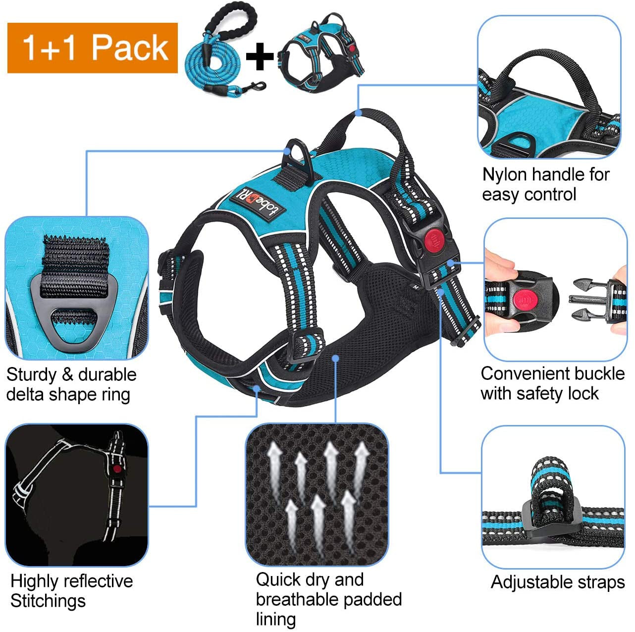 Upgrade Your Dog Walks! 🌟 Adjustable No Pull Harness + Free 5Ft Leash for Medium & Large Dogs 🐾💙 Perfect for Comfort & Control!
